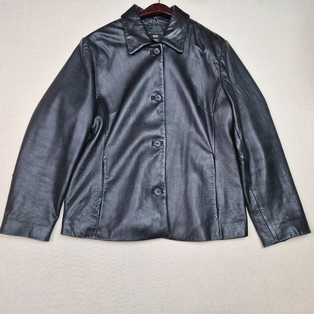 Mossimo Mens Genuine Black Soft Leather Motorcycle Button Up Jacket Y2K VTG Sz L